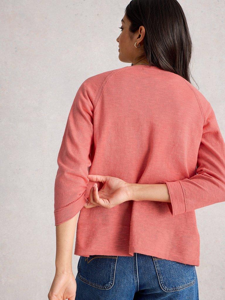 NARIA LINEN BLEND CARDI in MID CORAL - MODEL BACK
