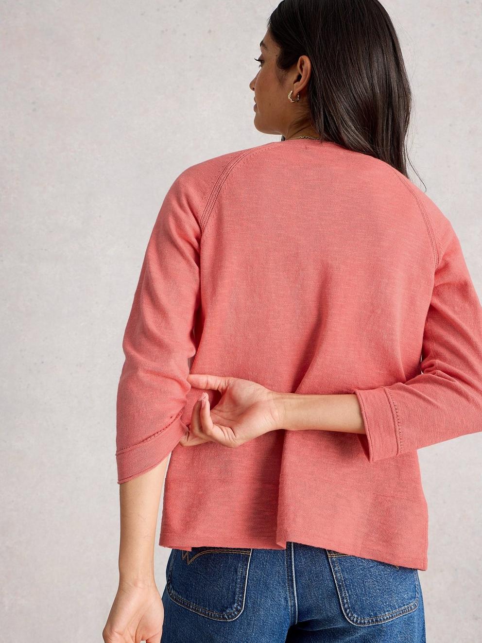 NARIA LINEN BLEND CARDI in MID CORAL - MODEL BACK