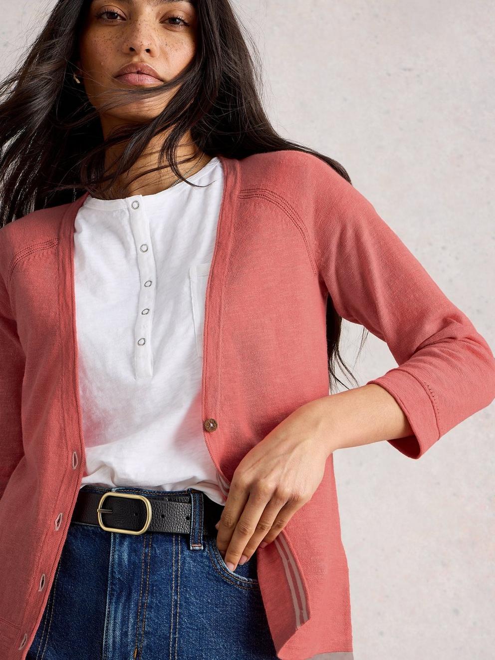 NARIA LINEN BLEND CARDI in MID CORAL - MODEL DETAIL