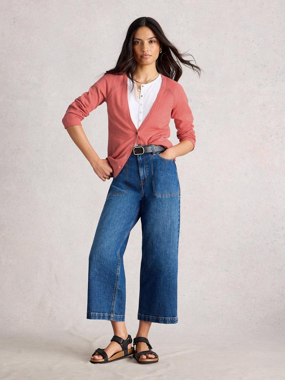 NARIA LINEN BLEND CARDI in MID CORAL - MODEL FRONT