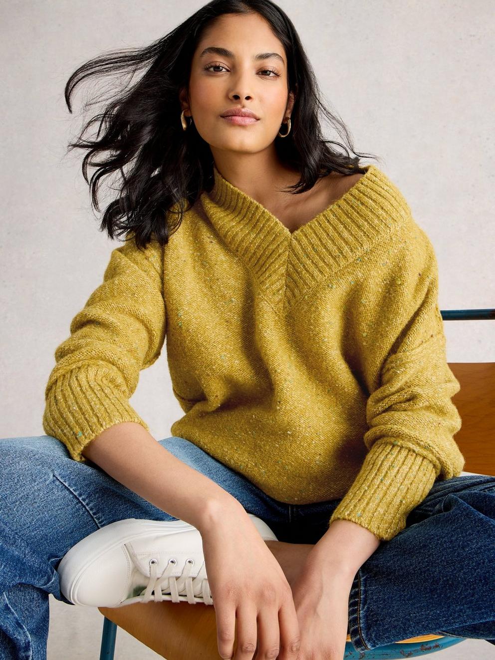 TILLY V NECK JUMPER in MID CHART - LIFESTYLE