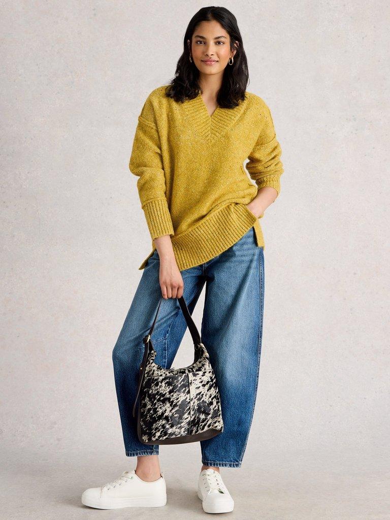 TILLY V NECK JUMPER in MID CHART - MODEL FRONT