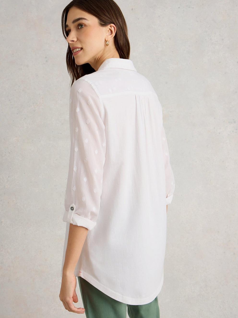 ANNIE MIX LONGLINE SHIRT in PALE IVORY - MODEL BACK