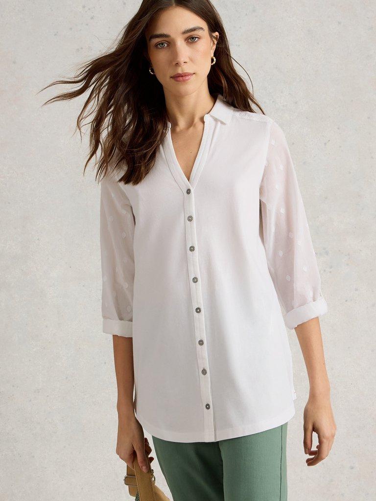 ANNIE MIX LONGLINE SHIRT in PALE IVORY - MODEL DETAIL