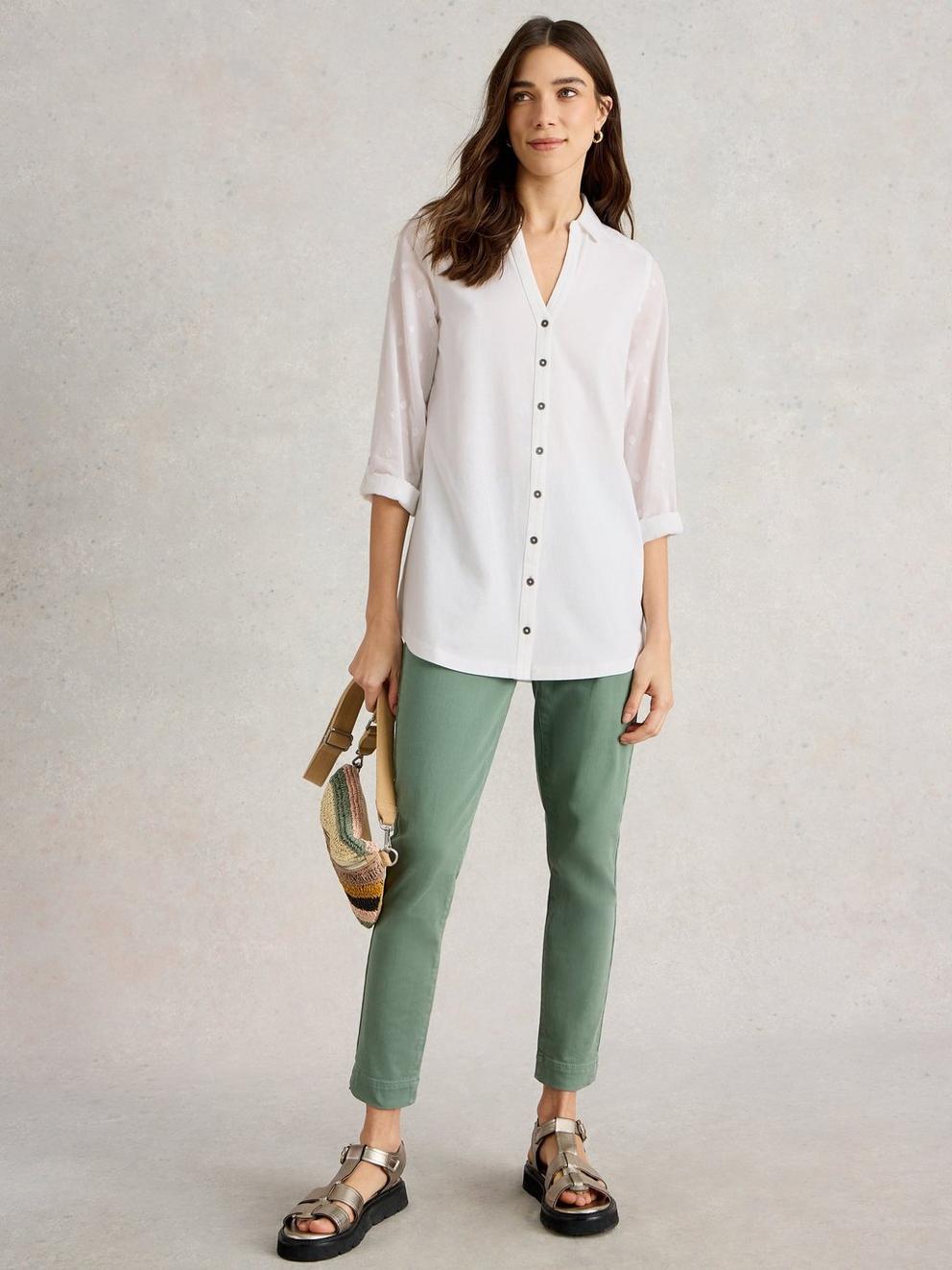ANNIE MIX LONGLINE SHIRT in PALE IVORY - MODEL FRONT