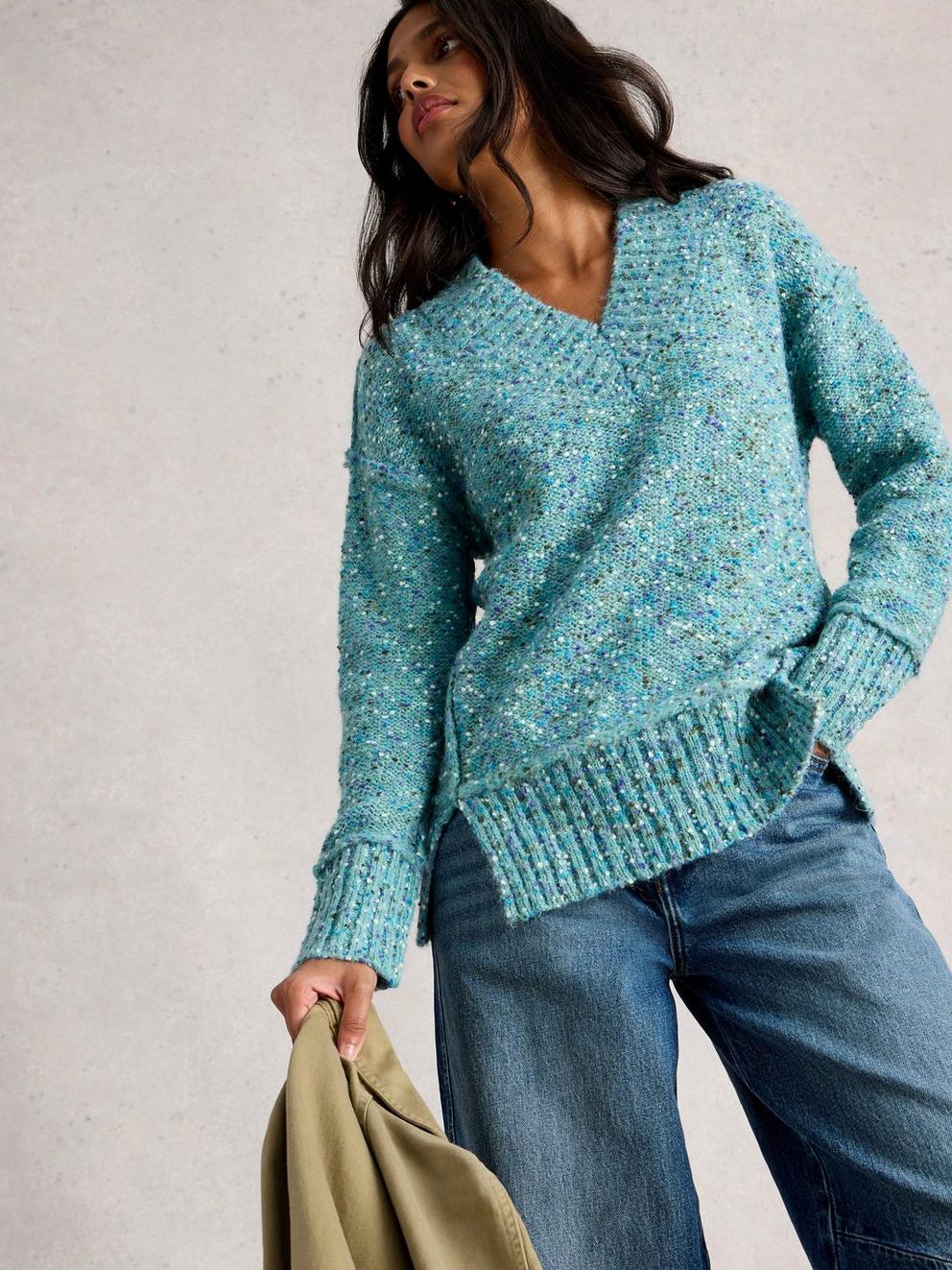 TILLY LONG SLEEVE JUMPER in MID BLUE - MODEL DETAIL