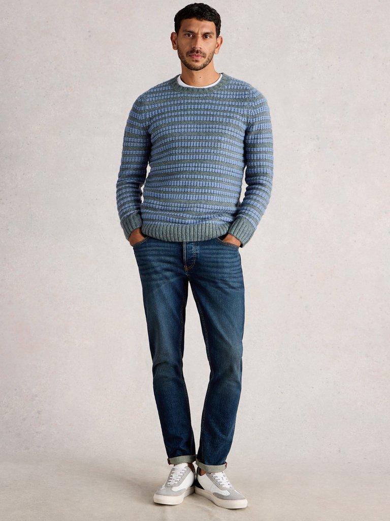 Stripe Crew Neck in BLUE MLT - MODEL FRONT