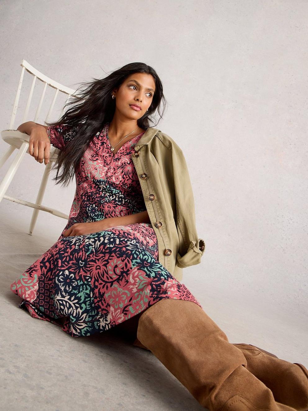 Megan Jersey V Neck Midi Dress in PINK PR - LIFESTYLE