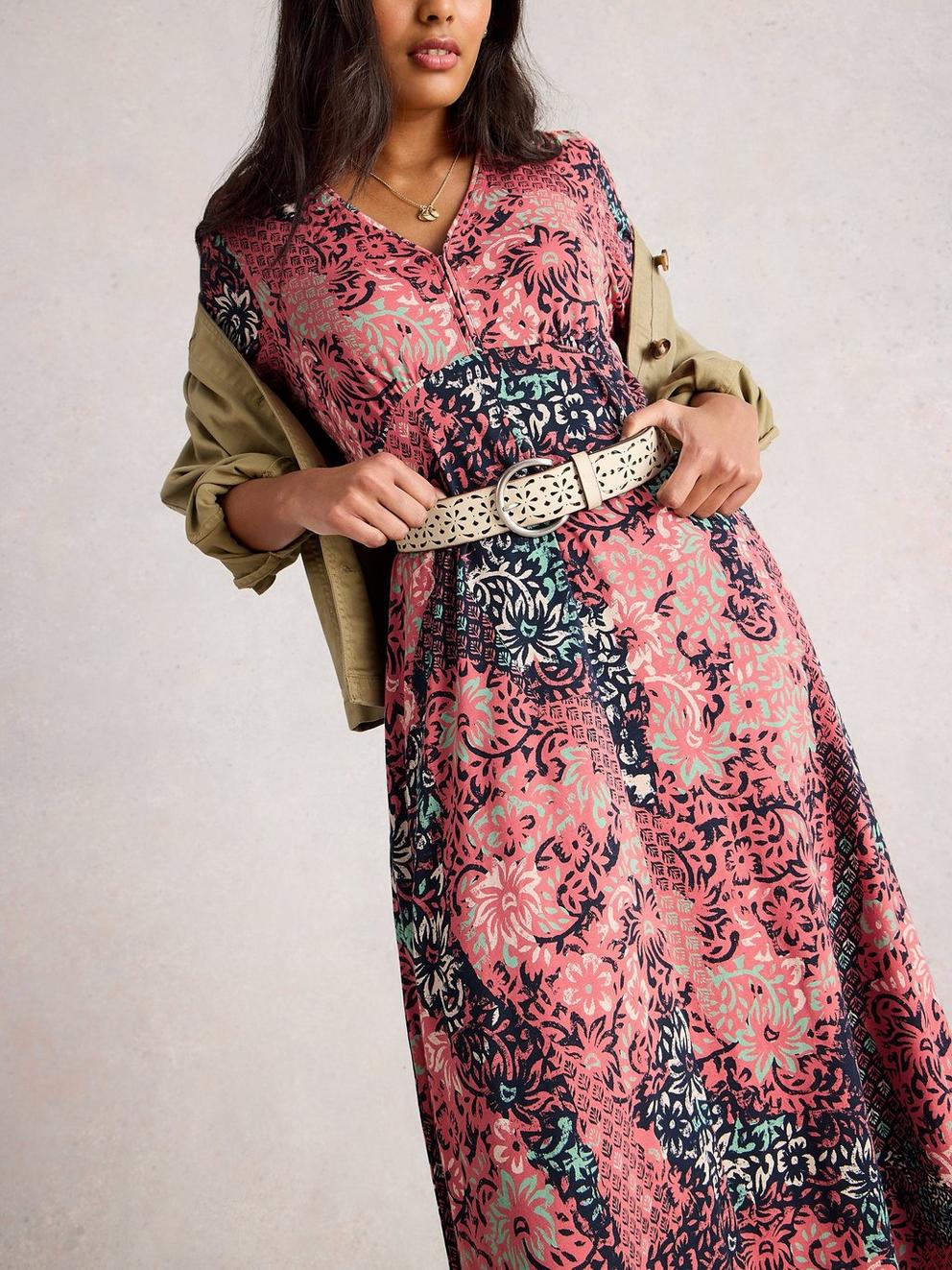 Megan Jersey V Neck Midi Dress in PINK PR - MODEL DETAIL