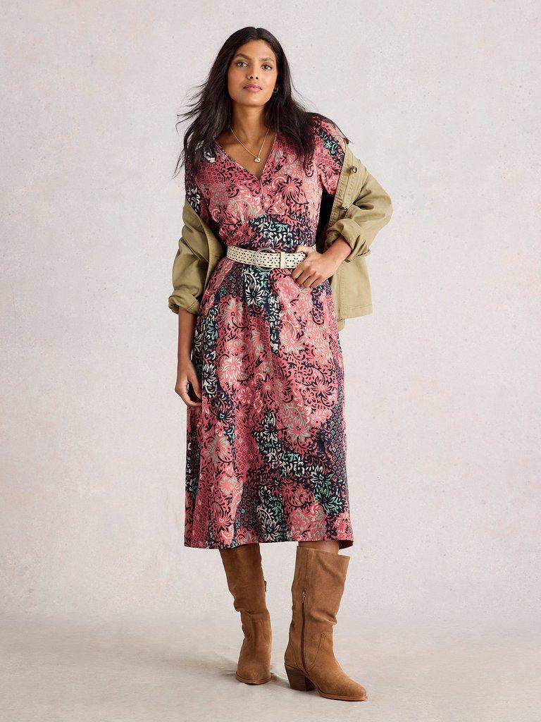 Megan Jersey V Neck Midi Dress in PINK PR - MODEL FRONT