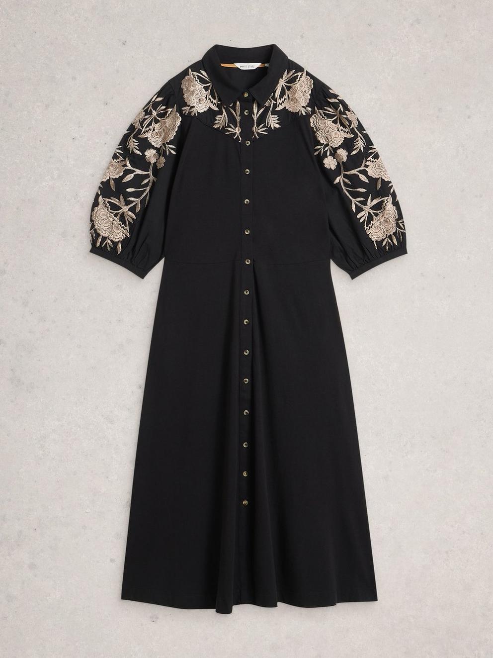 Rua Embroidered Jersey Collared Dress in PURE BLK - FLAT FRONT