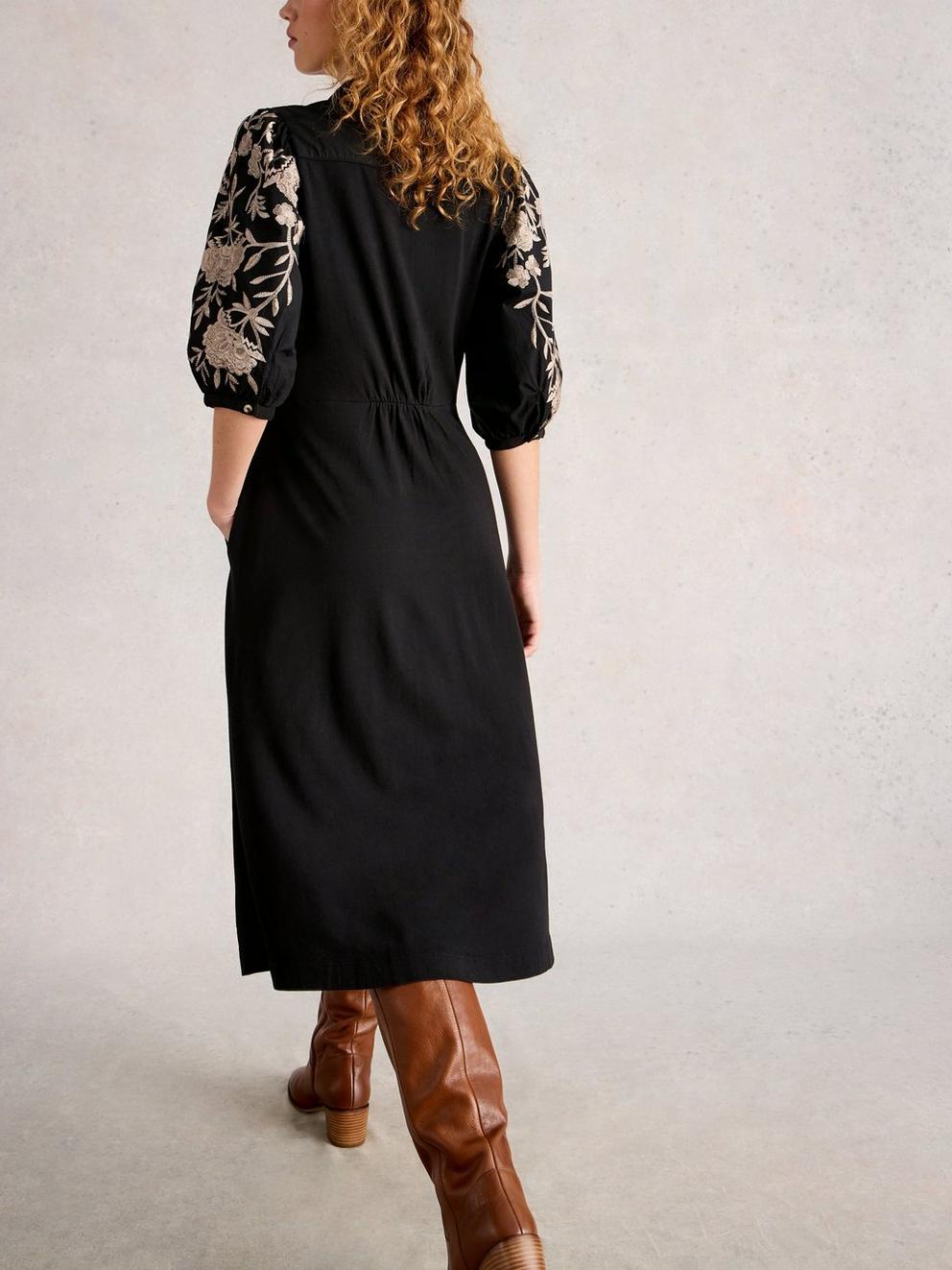 Rua Embroidered Jersey Collared Dress in PURE BLK - MODEL BACK