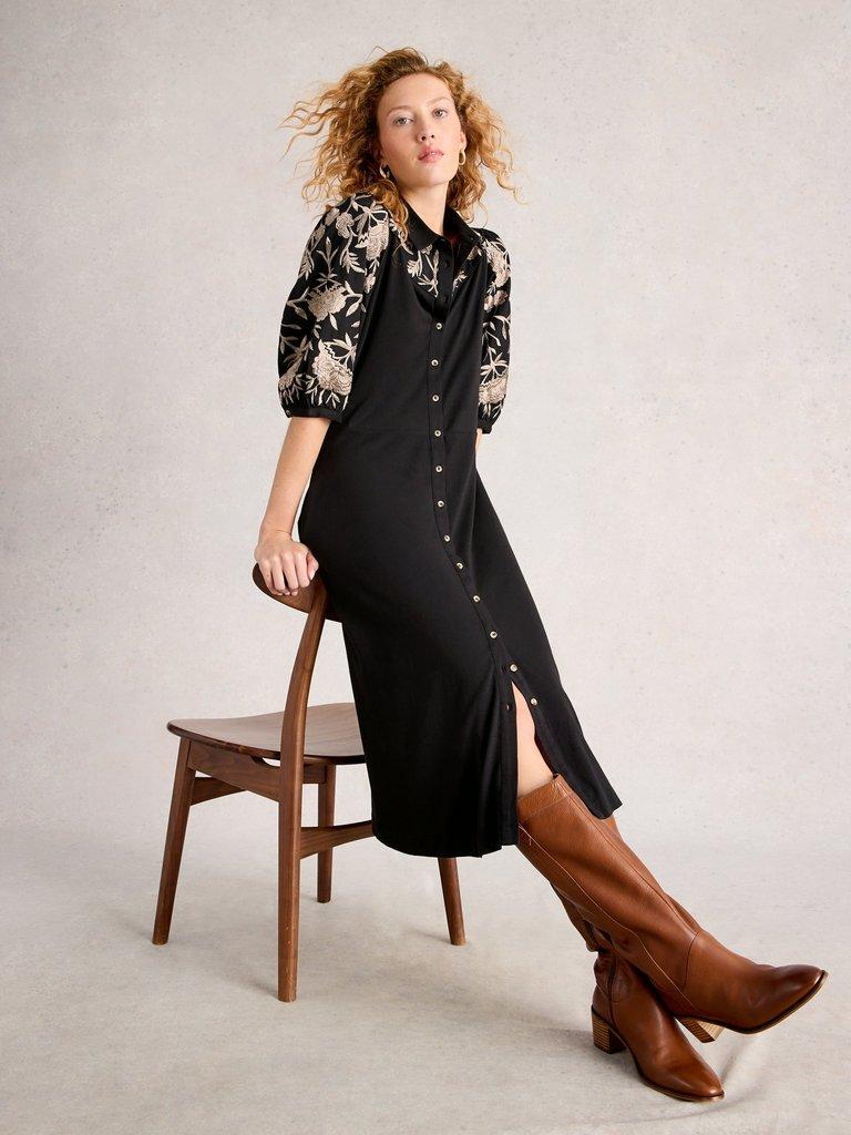 Rua Embroidered Jersey Collared Dress in PURE BLACK | White Stuff