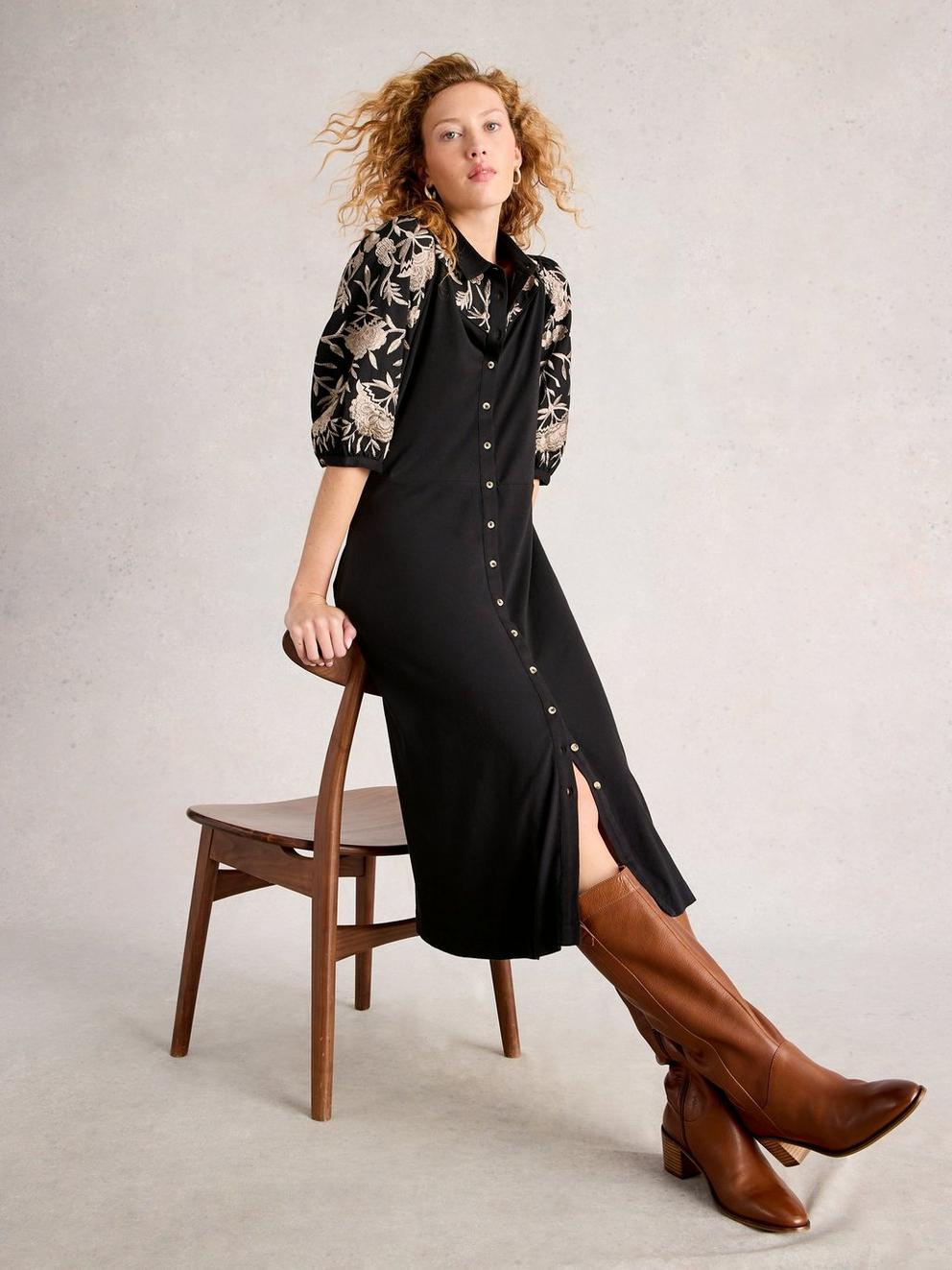 Rua Embroidered Jersey Collared Dress in PURE BLK - MODEL DETAIL