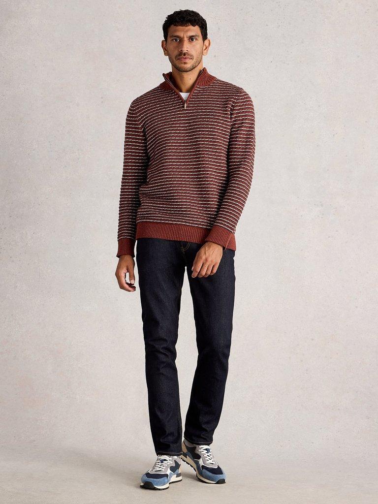 Textured Stripe Funnel in RED MLT - MODEL FRONT