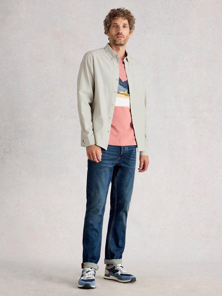 Stamford Mini Stripe Shirt in GREEN MLT - MODEL FRONT