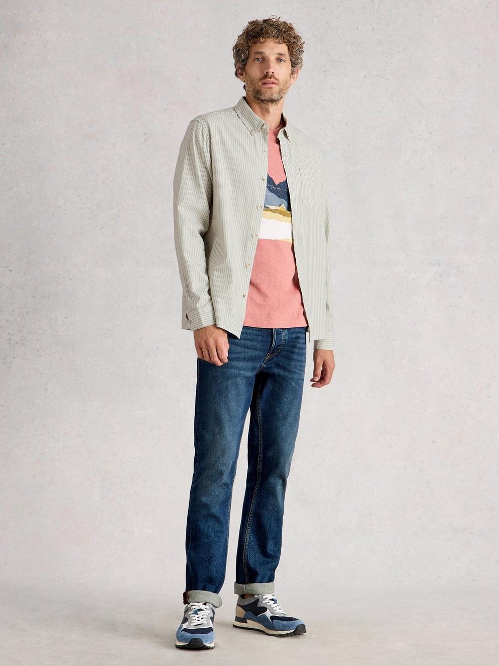 Stamford Mini Stripe Shirt in GREEN MLT - MODEL FRONT