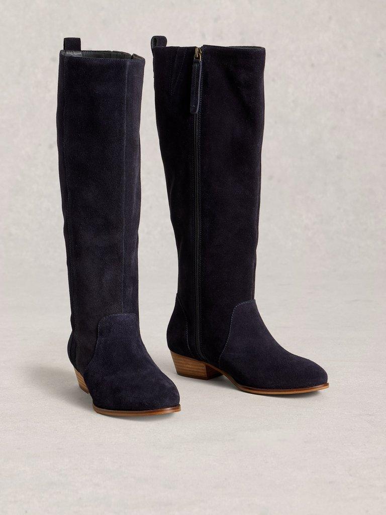 Willow Knee High Suede Boot in DARK NAVY - FLAT FRONT