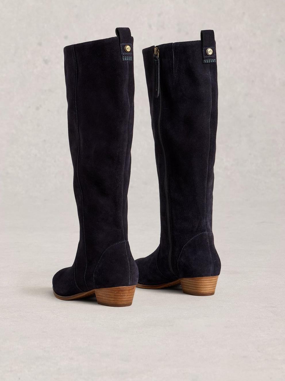 Wide Fit Knee High Suede Boot in DARK NAVY - FLAT BACK