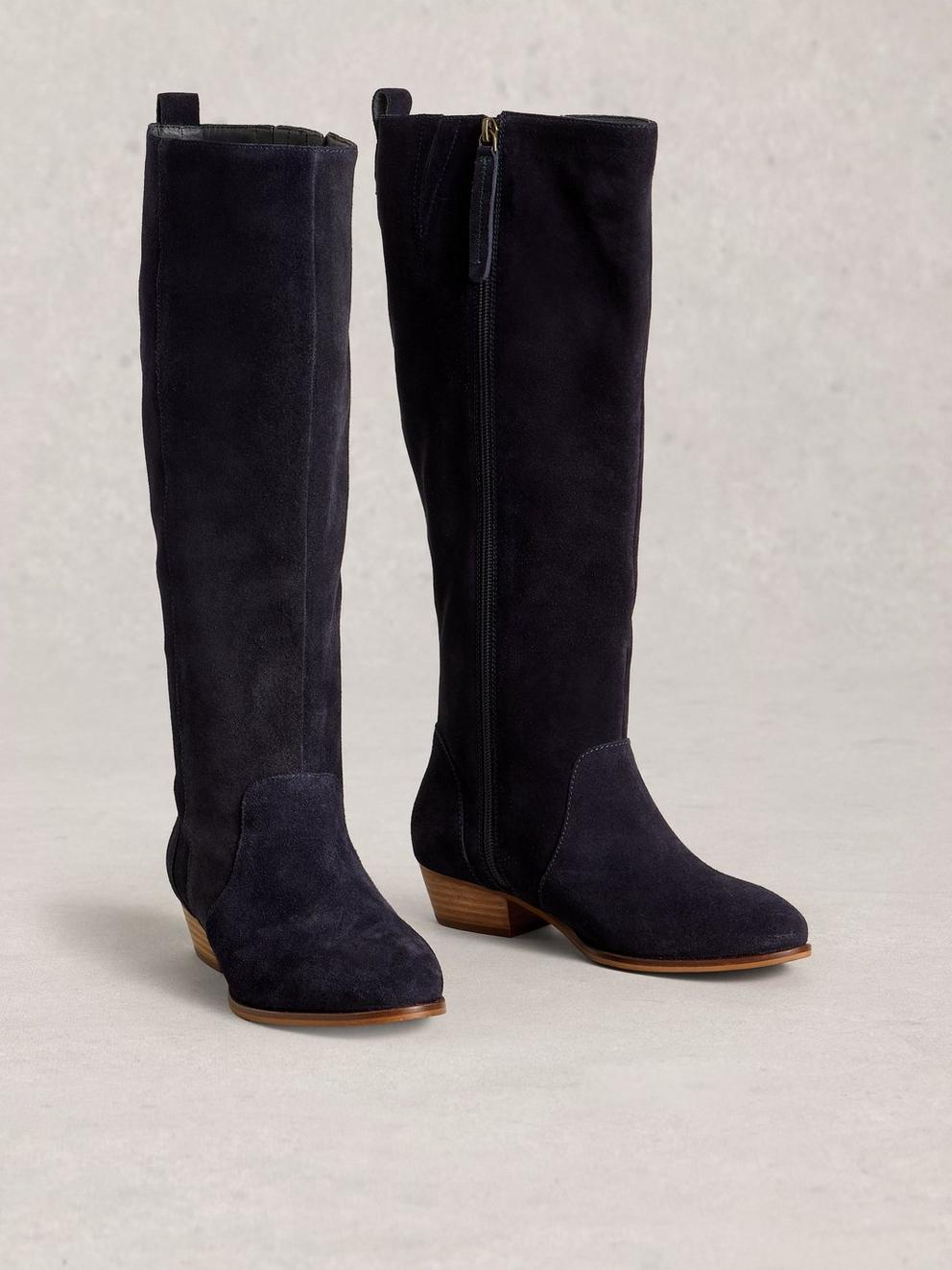 Wide Fit Knee High Suede Boot in DARK NAVY - FLAT FRONT
