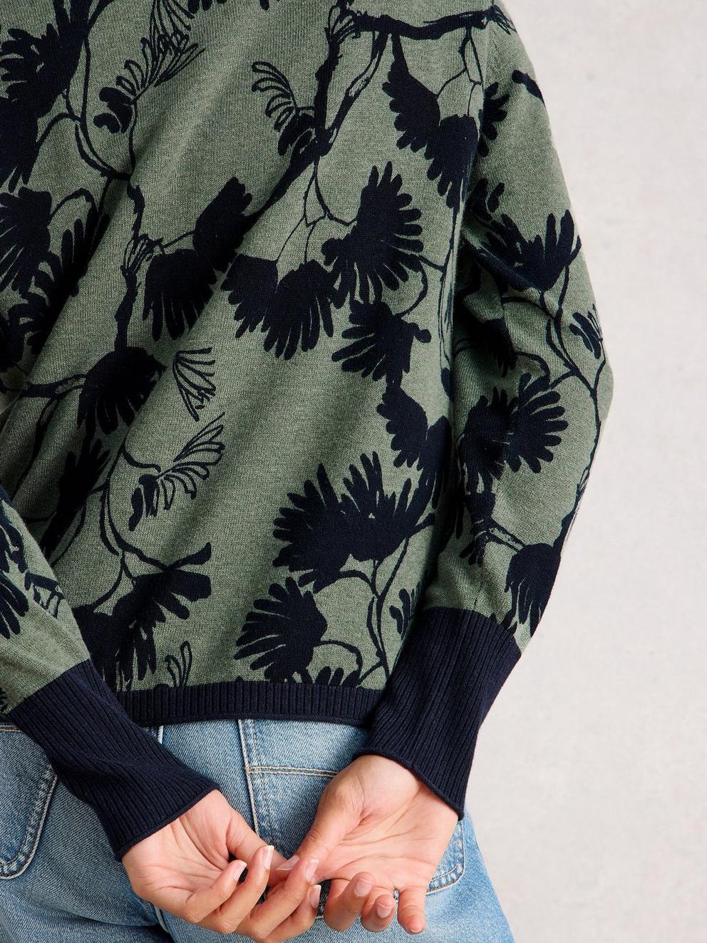 LULU CREW NECK PRINTED CARDI in GREEN PR - MODEL BACK