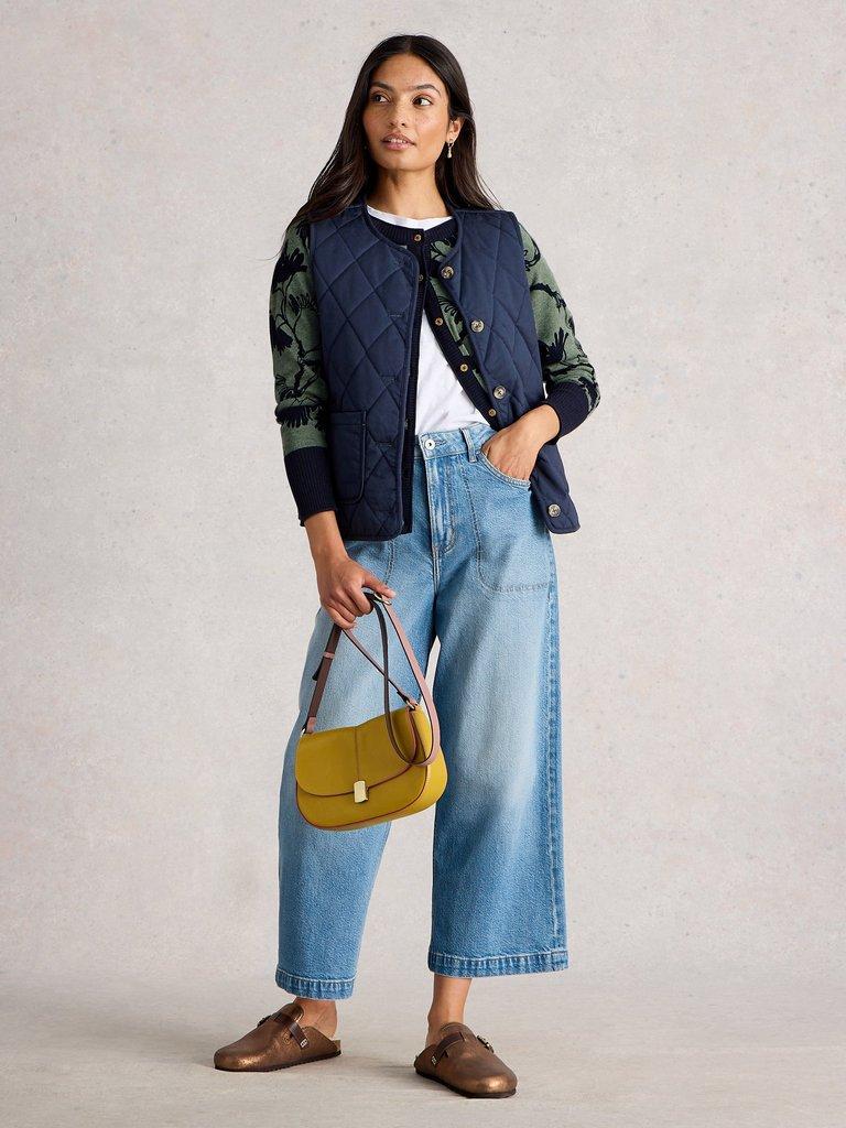 LULU CREW NECK PRINTED CARDI in GREEN PR - MODEL FRONT