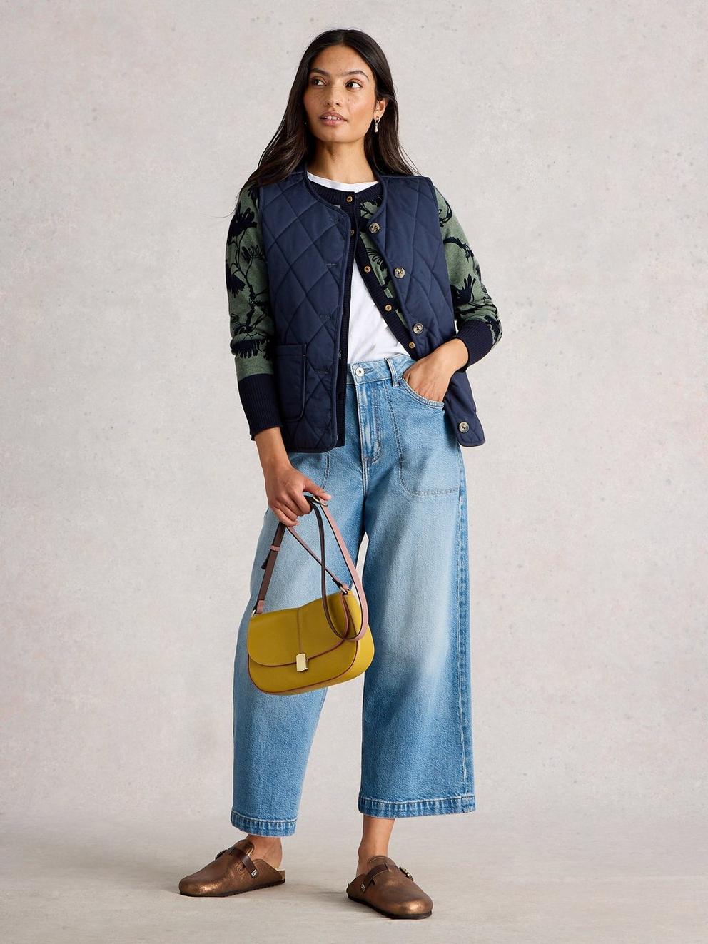 LULU CREW NECK PRINTED CARDI in GREEN PR - MODEL FRONT