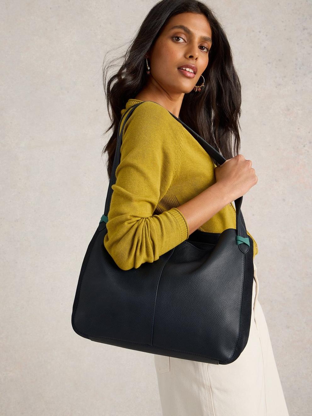Hettie Leather Tote in DARK NAVY - MODEL FRONT