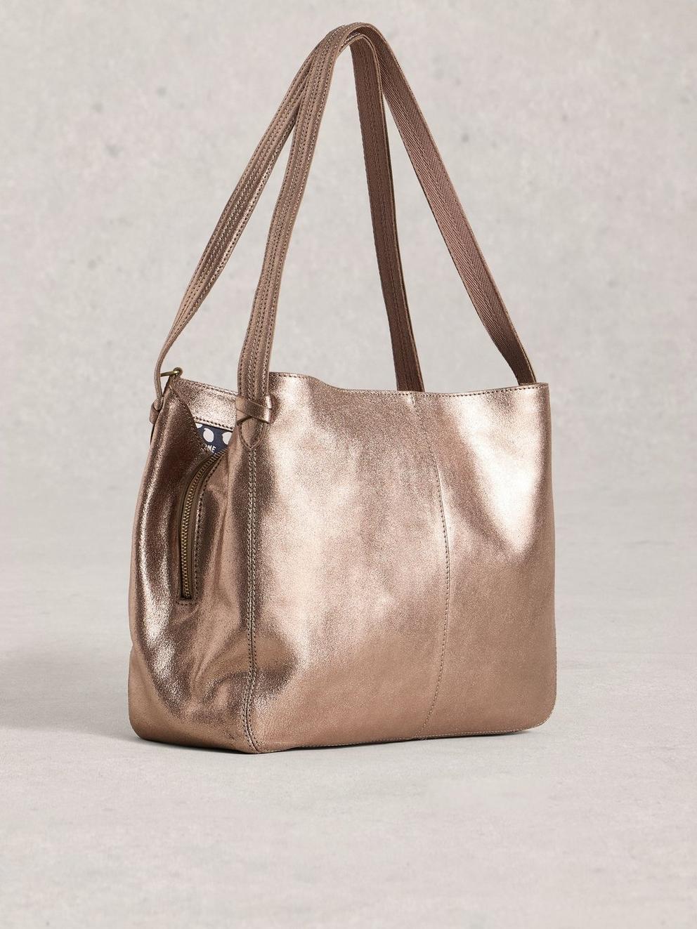 Hettie Leather Tote in GLD TN MET - FLAT BACK