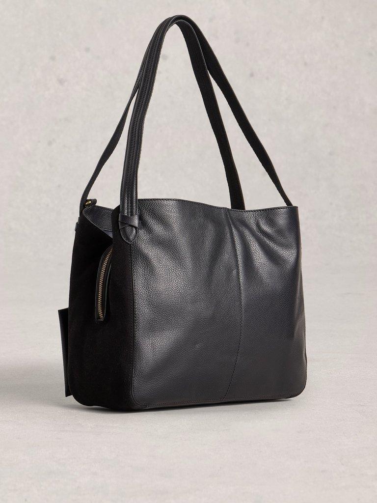 Hettie Leather Tote in PURE BLK - FLAT BACK