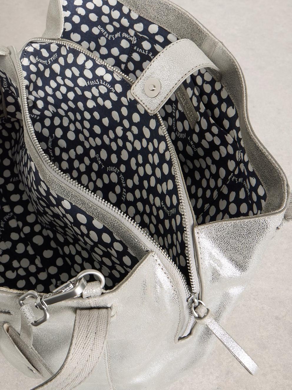 Hettie Leather Tote in SLV TN MET - FLAT DETAIL