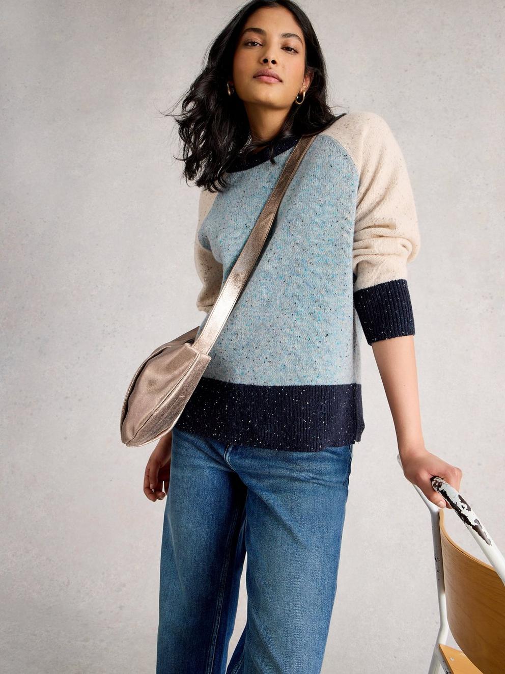 COLOURBLOCK NEP JUMPER in BLUE MLT - MODEL DETAIL