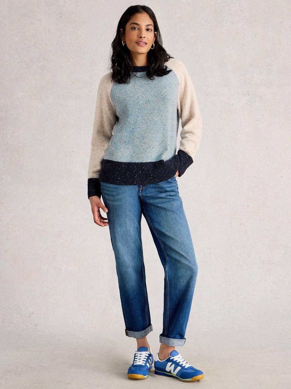 COLOURBLOCK NEP JUMPER in BLUE MLT - MODEL FRONT