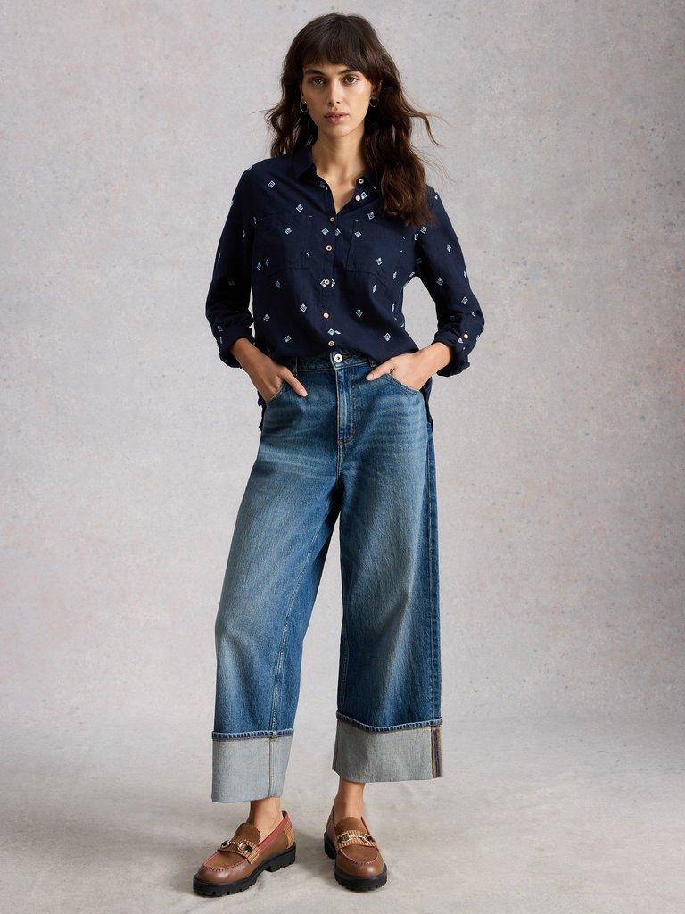 Sophie Collared Organic Cotton Shirt in DARK NAVY - MODEL FRONT