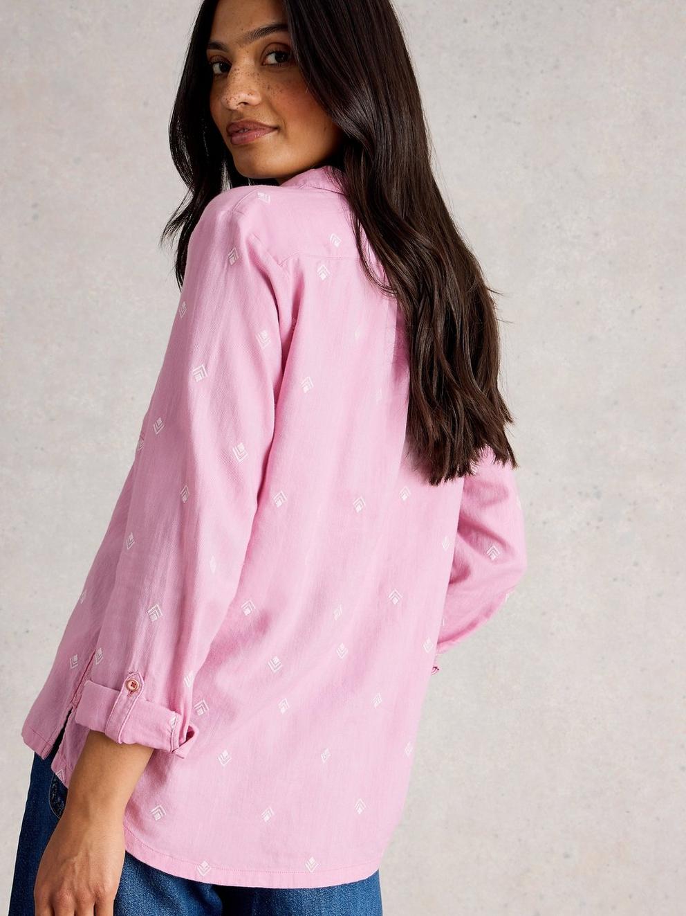 Sophie Collared Organic Cotton Shirt in PINK MLT - MODEL BACK