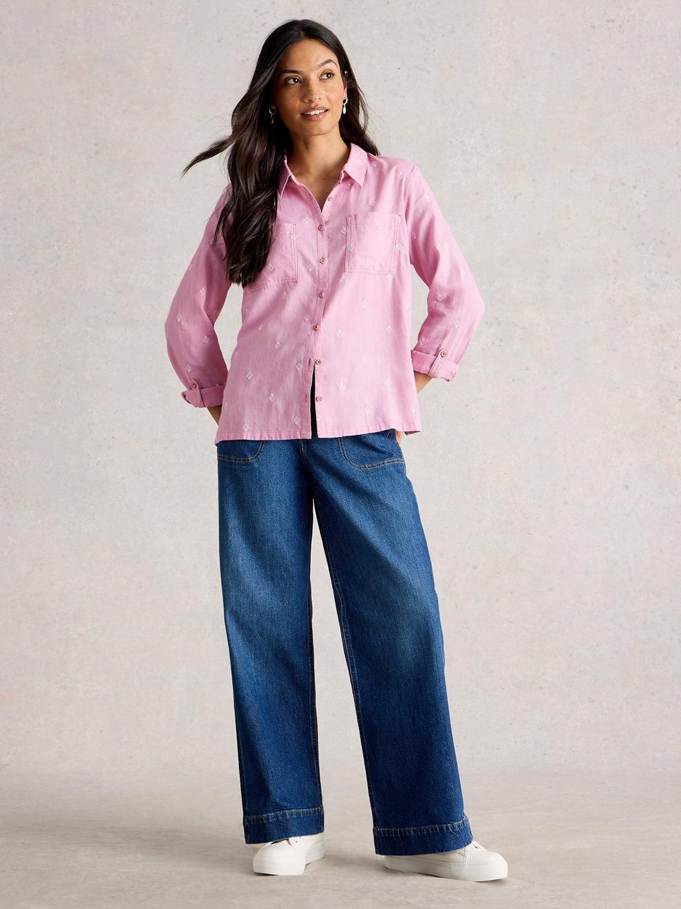 Sophie Collared Organic Cotton Shirt in PINK MLT - MODEL FRONT