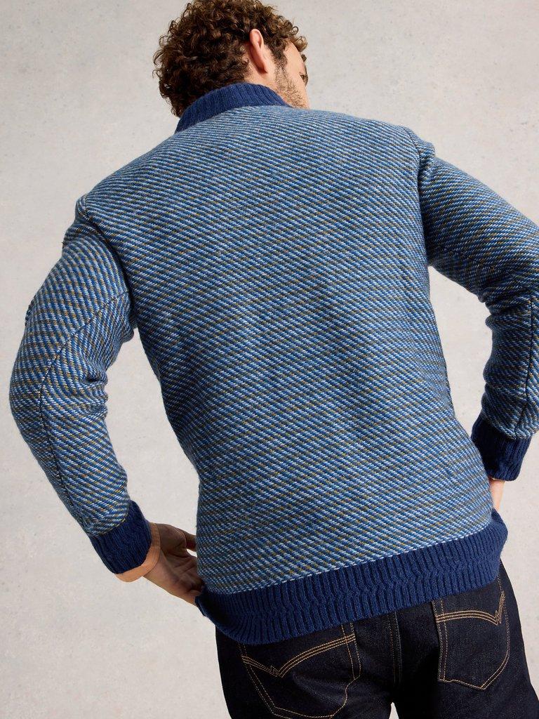 Selby Stripe Funnel Neck in BLUE MLT - MODEL BACK
