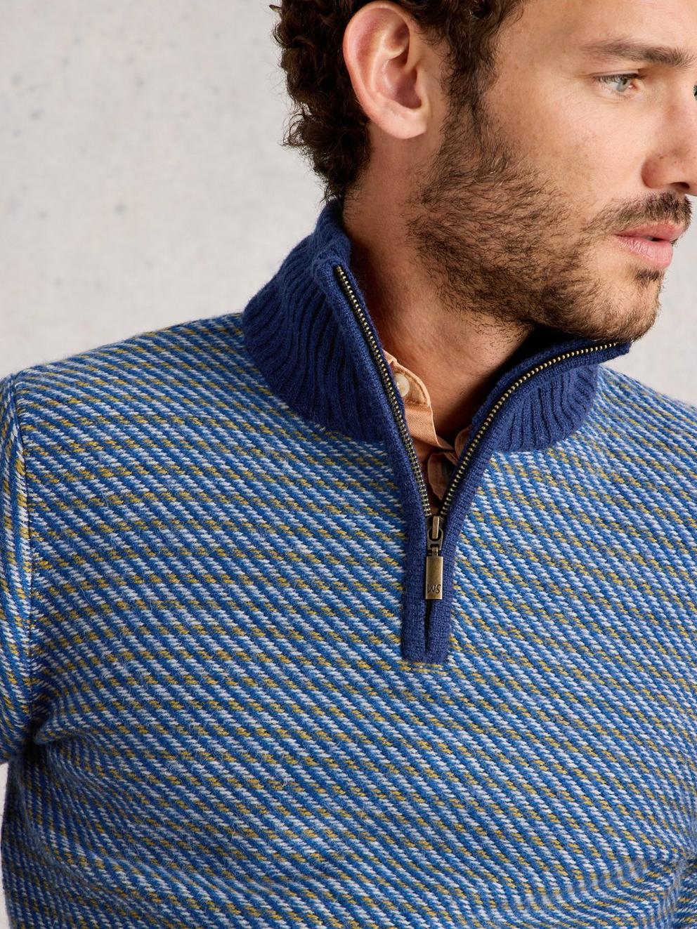 Selby Stripe Funnel Neck in BLUE MLT - MODEL DETAIL