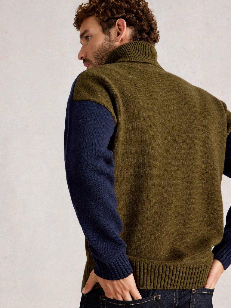 Ryde Colourblock Roll Neck in KHAKI GRN - MODEL BACK