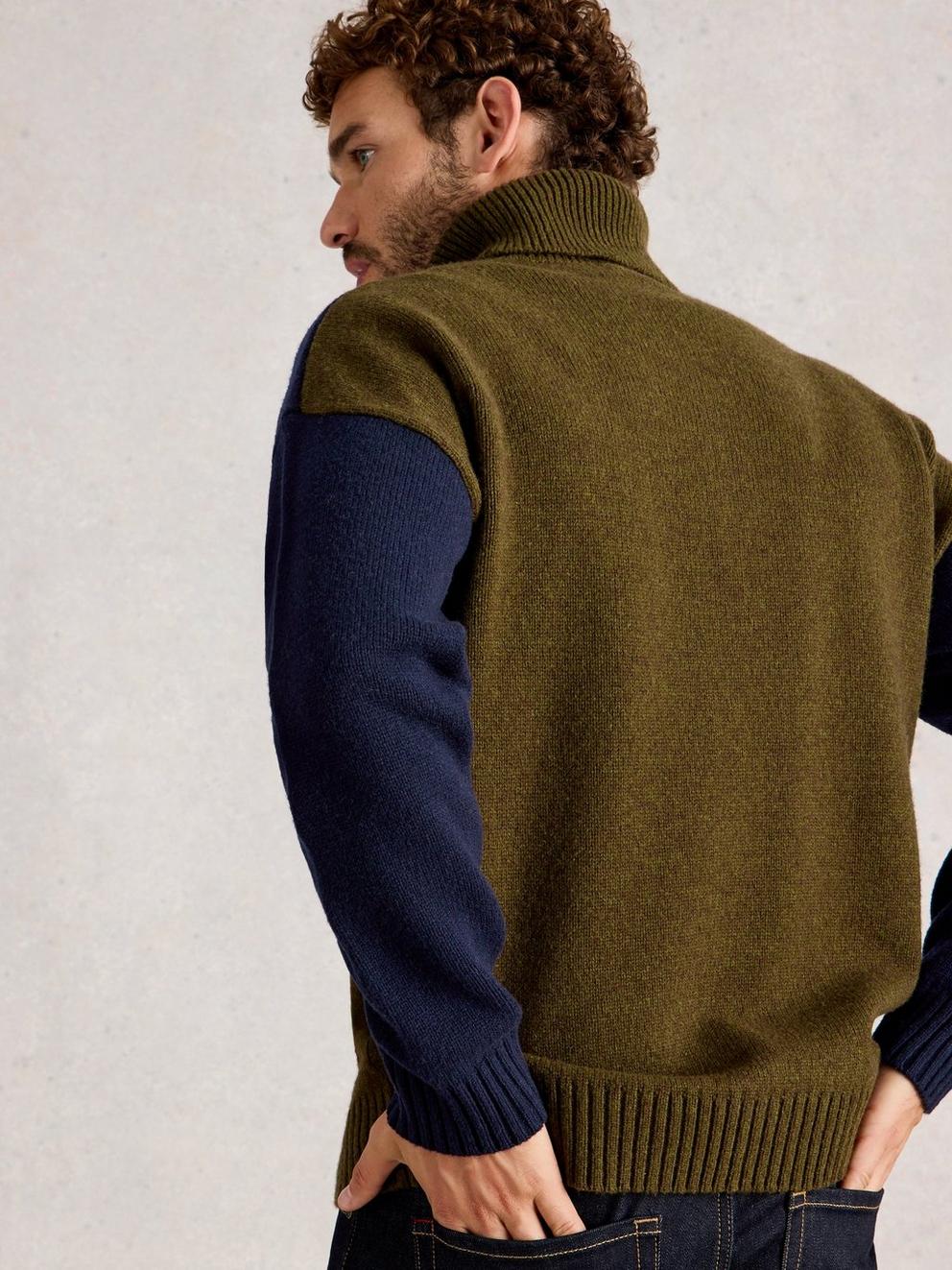 Ryde Colourblock Roll Neck in KHAKI GRN - MODEL BACK