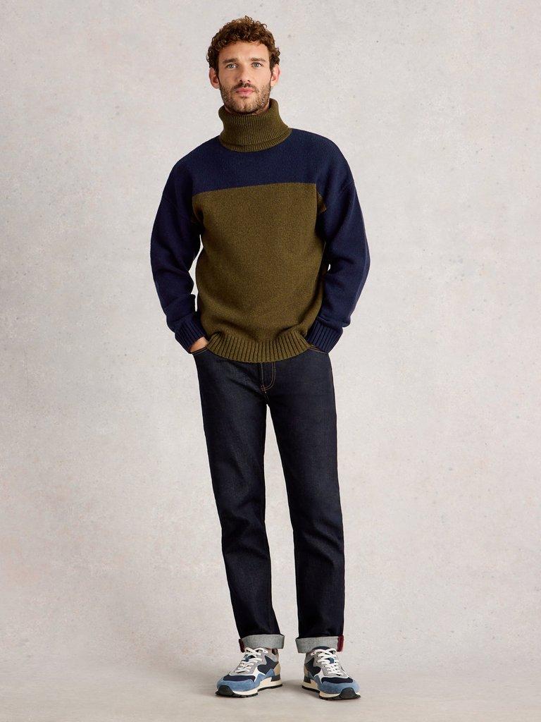 Ryde Colourblock Roll Neck in KHAKI GRN - MODEL FRONT