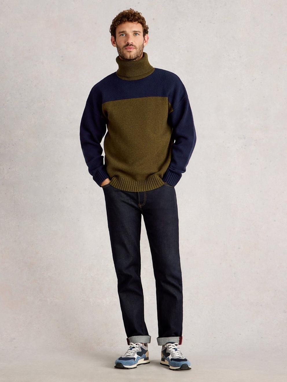 Ryde Colourblock Roll Neck in KHAKI GRN - MODEL FRONT