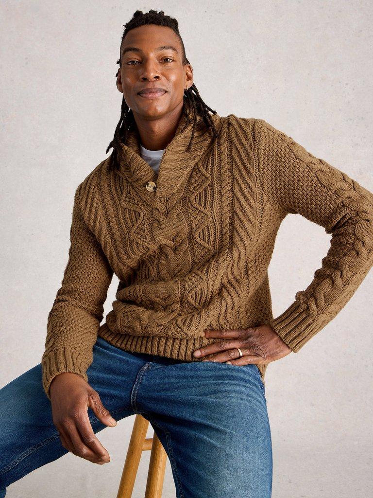 Eden Cable Shawl Neck in MID TAN - LIFESTYLE