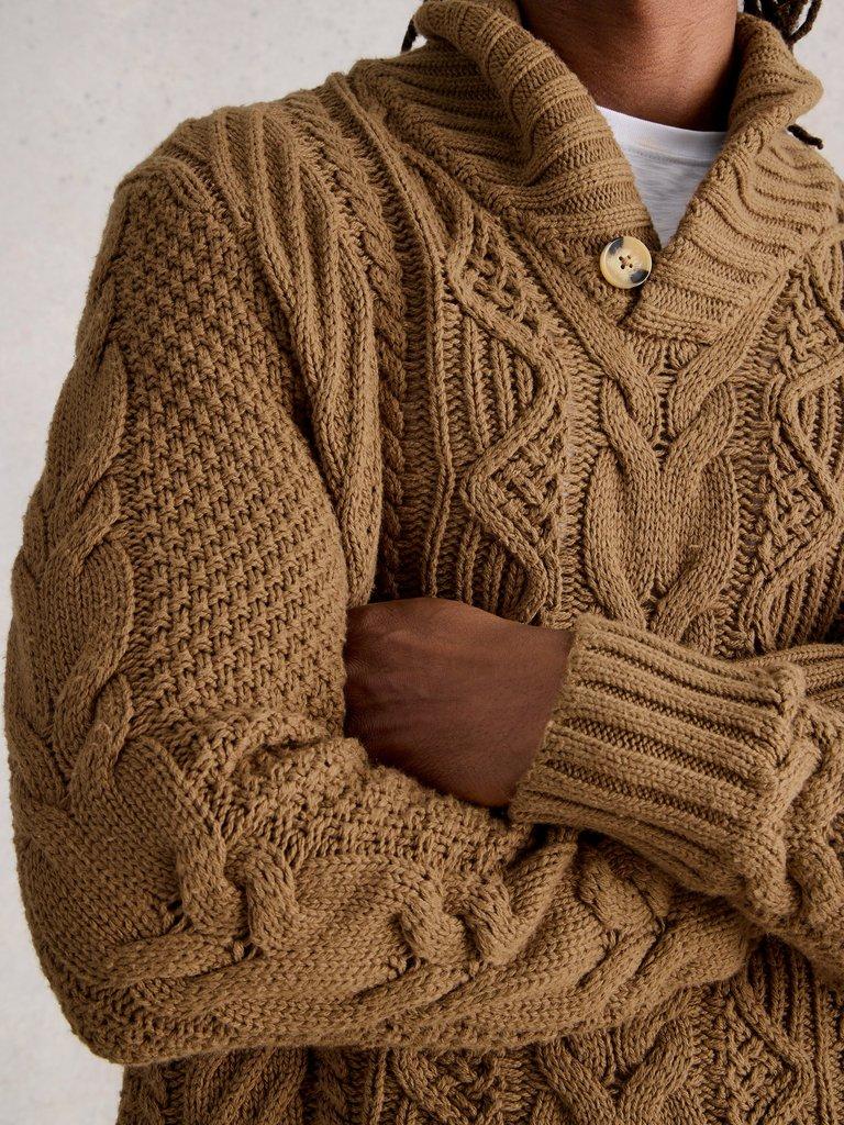Eden Cable Shawl Neck in MID TAN - MODEL DETAIL