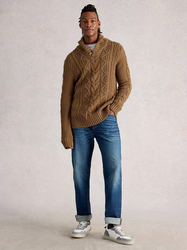Eden Cable Shawl Neck in MID TAN - MODEL FRONT