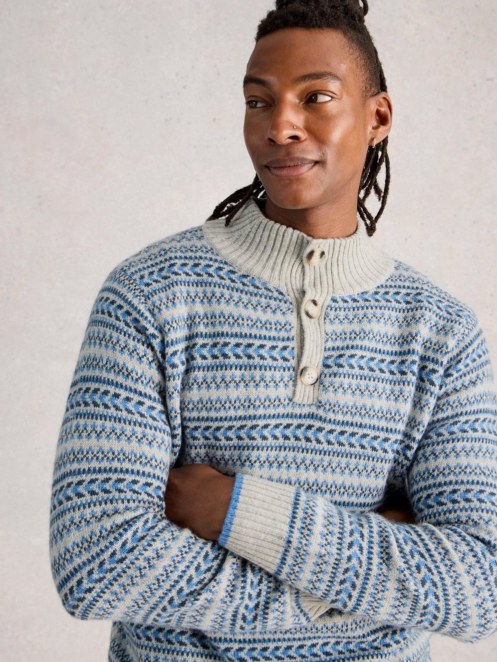 Kendal Fairisle Funnel Neck in GREY MLT - MODEL DETAIL