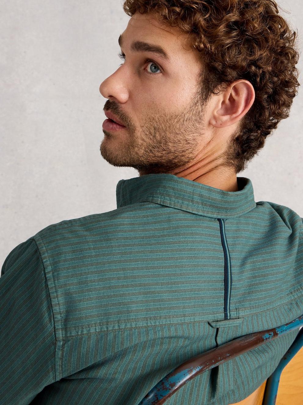 Bruton Striped Shirt in DUS GREEN - MODEL DETAIL