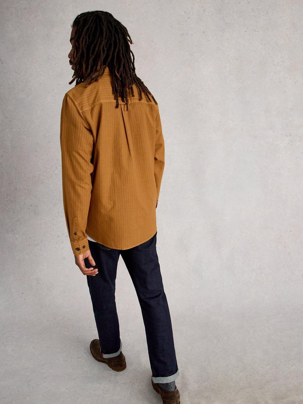 Bruton Striped Shirt in MID TAN - MODEL BACK