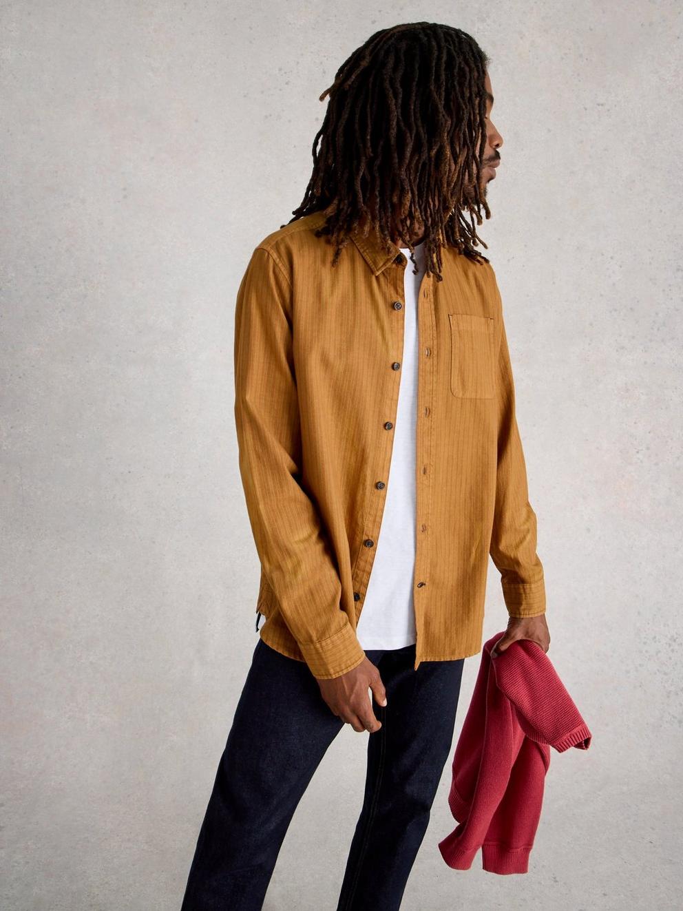 Bruton Striped Shirt in MID TAN - MODEL DETAIL