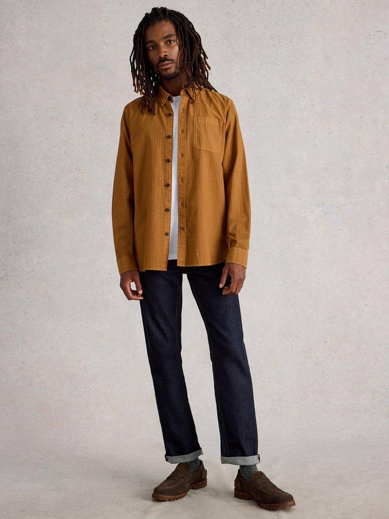 Bruton Striped Shirt in MID TAN - MODEL FRONT